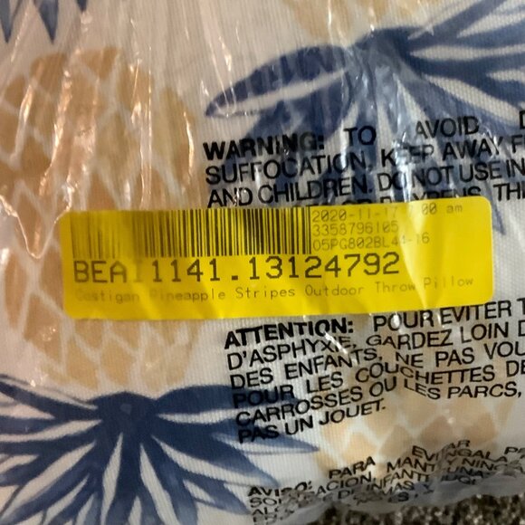 Pineapple Stripes Outdoor Throw Pillow 16" Beige Blue Polyester NEW NWT - Picture 3 of 5